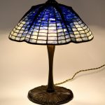_JHD7230_resize Tiffany lamp with an upturned mushroom base and blue spiderweb design lampshade